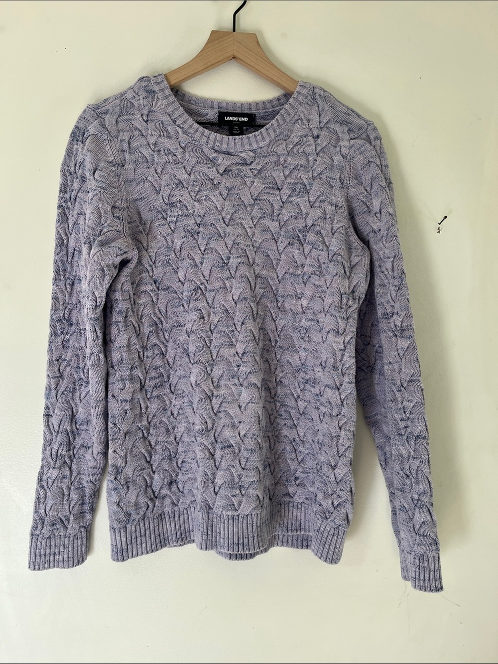 Lands' End chunky knit Pale Lavender Cable Crewneck Sweater 100% cotton